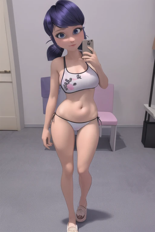 (8K, RAW photos, The best quality, masterpiece:1.2), (Intricate Details), perfect eyes, perfect face, perfect lighting,  beautiful, (masterpiece:1.2), (The best quality:1.2), 1 girl, Alone , marinette, ladybug,  Blue Hair, hair with ponytails, swimsuit,bar...