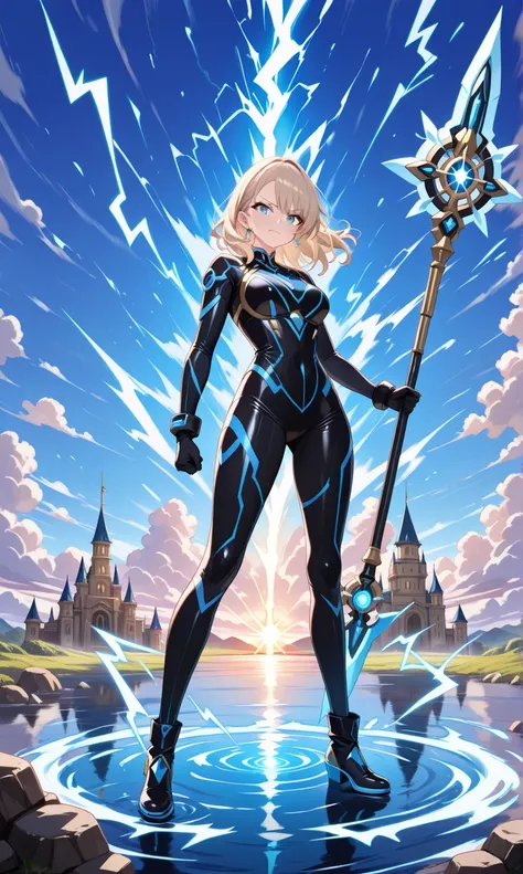 (((masterpiece, best quality 16k)))((full body shot)) of a girl in electrifying, futuristic armor with sleek gold and blue accents, standing in a stormy, electrified sky. She has short, spiky platinum blonde hair and piercing, electric blue eyes. Her skin ...