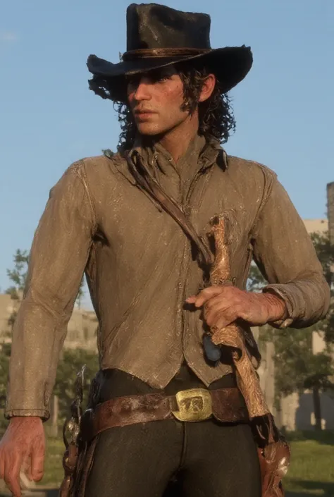 A tall, lean young boy with freckled, tanned skin stands with a confident yet relaxed demeanor, his shoulders-length, curly hair, low ponytail, with loose strands framing his face. His cowboy hat sits firmly atop his head, handsome guy with model face. His...