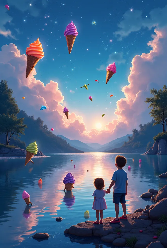 "A magical river where colorful ice creams are floating on the water, and books with glowing pages are flying in the sky. A young brother and sister stand on the riverbank, their eyes wide with wonder as they watch this enchanting scene. The background fea...