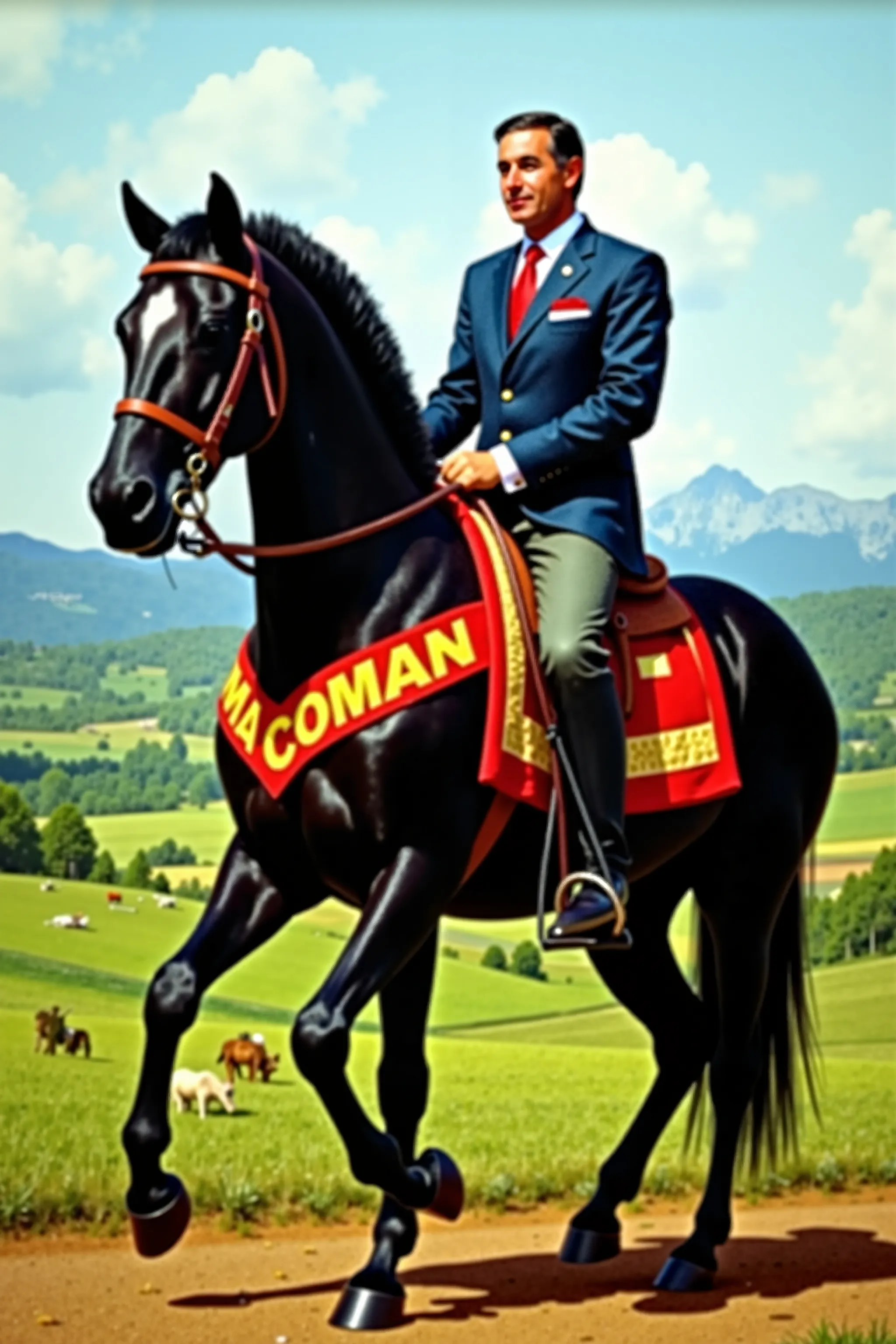 "President of Romania Calin Georgescu riding a majestic black horse, the horse adorned with a tablet prominently displaying the name 'Coman' in bold letters, set against a picturesque Romanian countryside backdrop with lush green fields and distant mountai...