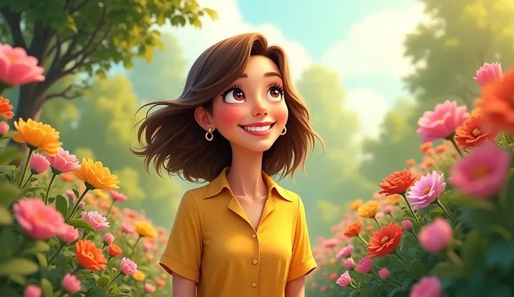 create a Pixar Cartoon style illustration of a  with brown hair wearing a yellow blouse. She is in a well-flowered garden. 