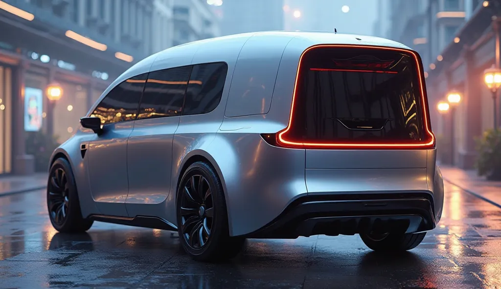 Yeh rahi ek detailed prompt jo Tesla RoboVan ke right side ke back side ka image generate karne ke liye istemal ki ja sakti hai:

Prompt:
"A futuristic Tesla RoboVan captured from the right rear angle. The vehicle has a sleek, aerodynamic design with a sta...