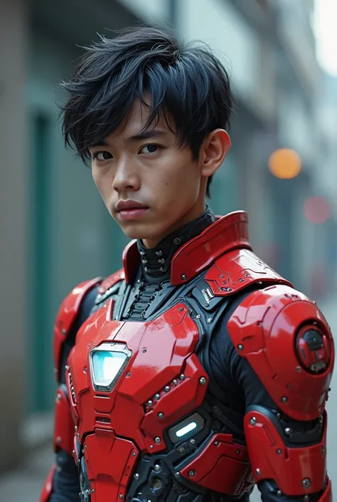 a young Malaysia man, tan skin .19 year old boy wearing a red and white exoskeleton armor. Reverse color, a robot face on his chest , malaysian mullet wolfcut hairstyle. Red ear mount . black hair mix little white hair. , detailed face and eyes, highly det...