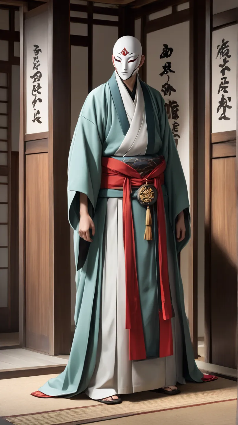 "A solemn and dignified Japanese yokai named Reigi-no-Mamoribito, the guardian of etiquette. It appears as a tall, faceless figure in flowing robes, its posture impeccable, its movements slow and deliberate. Those who encounter it feel an overwhelming comp...