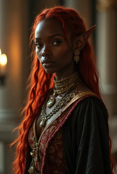 Upper body shot, African woman, pointed elf ears, dark skin, red hair, closed mouth, ancient elven noble outfit, elven jewelry, dynamic pose, complex fantasy character, NSFW, cinematic lighting, fantasy, magic, detailed background, in ancient elven palace,...