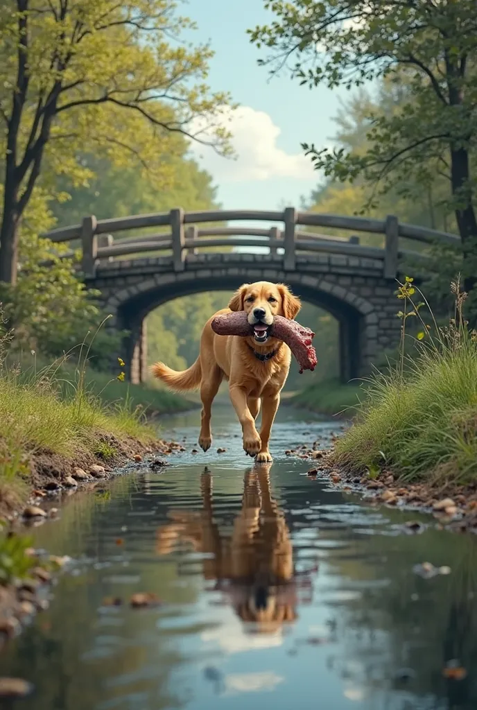 There was one dog with a large piece of meat in its mouth, as it walked along the way, it passed a bridge that spanned the stream. As it bent down to look at the water in the stream, it saw its own shadow reflected in the water, but the dog thought it was ...