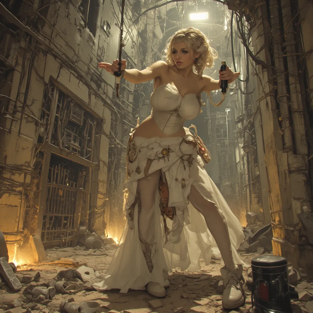 A gorgeous lady in the role of Princess Leis (sexy revealing sheer white gown, weapon, iconic hairdo), she is in action poses exploring an Imperial base, the interior has a lot of battle damage (hanging wires, spark, small fires, holes, broken droids). hig...