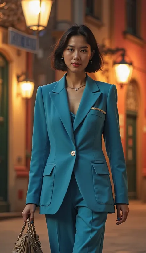 This stunning retro style realistic real photo professional features a graceful 22 year old young Korean woman with short, elegant hair, exuding elegance and charm with ease. She is dressed in a stunning blue and white modern women's suit, accentuated by h...