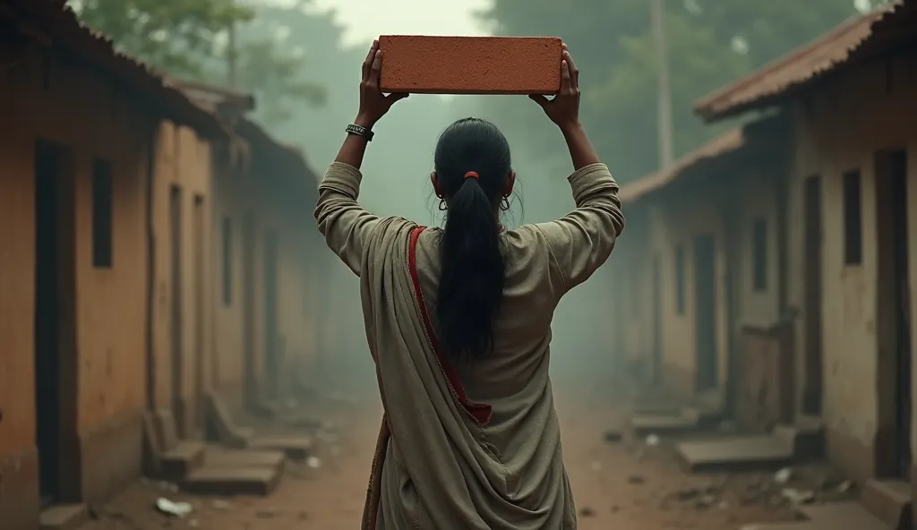 Create a hyper-realistic cinematic image of a 35-year-old middle-class Indian woman standing with a small, light-red brick raised above her head with both hands. She is dressed in a modest, simple chudidaar, and the perspective is from behind, ensuring her...