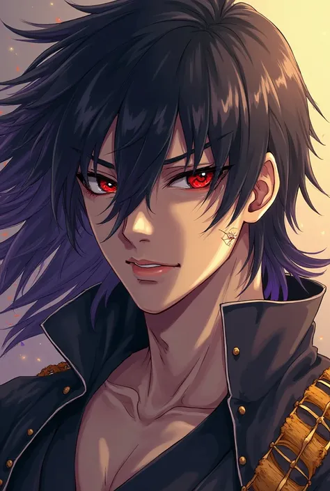 I want a male character, high, strong, large black hair with purple highlights at the ends and yellow gradient.
Imposing face, scar under the left eye.
The eye will be black with red circles like a Sharingan from the anime Naruto.

The character wears a sw...