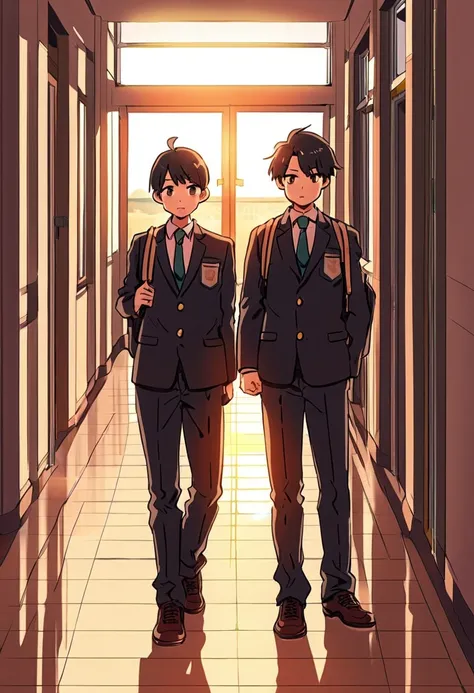 male student, School uniform, school hallway, evening, evening, Standing in the hallway, look at the camera