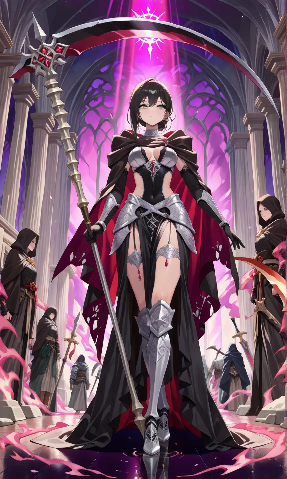 (((masterpiece, best quality, high detailed, 16k))) (1girl) A beautiful and imposing female figure with long, flowing black hair and cold, piercing silver eyes. She embodies the quiet finality of death, draped in a shadowy cloak made of swirling darkness. ...