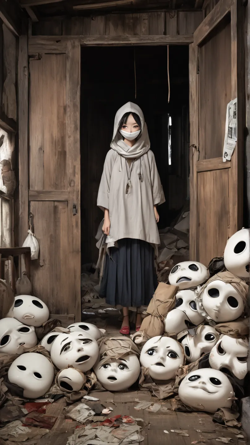 "A chilling and enigmatic Japanese yokai named Omokage-no-Fukuro, the bag of faces. It appears as a tattered cloth pouch, hidden in the corner of an old storehouse or buried beneath the floorboards of an abandoned house. When opened, it reveals scraps of m...