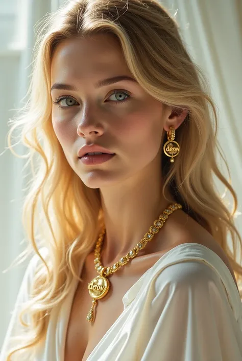  Make me some gold jewelry with the inscription Derow ,  The woman is wearing white clothes , Long natural blonde hair ,  the focus is on the necklace around her neck  