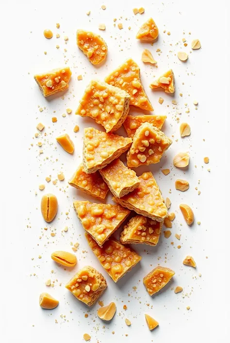 Crushing the peanut brittle into pieces with white background and in graphic style
