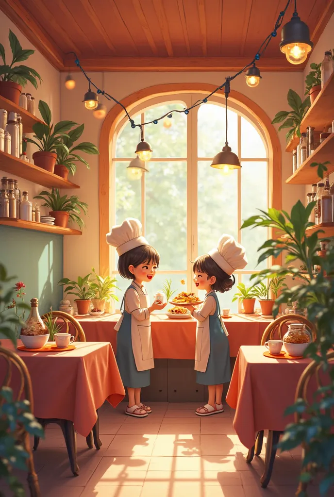 "A small cozy cafe, small cartoon chefs enjoying spicy crepes, small tables and chairs, warm lighting, cheerful colors, fine details of the cafe."