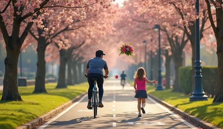 
Spring City. Trees bloom with colorful colors. A cyclist rides along a clearly marked bike path, bike path separated by a curb from the carriageway. On the bike path, a bicycle is clearly drawn under the stencil. A cyclist throws a bouquet of flowers over...