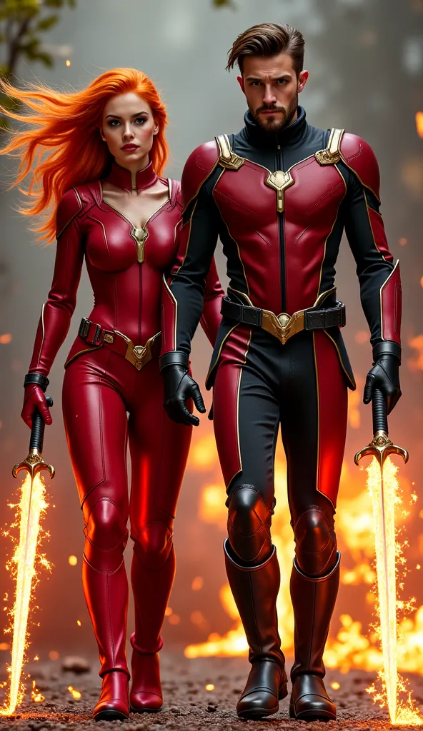 A striking couple in sleek, form-fitting crimson and black armor, accented with gold. The woman has flowing fiery hair, piercing golden eyes, and a fierce yet alluring presence. The man has tousled dark hair, chiseled features, and an intense gaze. They wi...