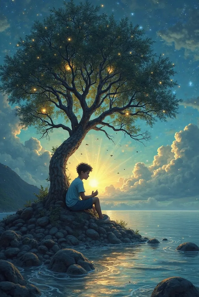 A serene, glowing scene on the island where the boy sits under a magical tree, reflecting deeply. Around him are floating, glowing symbols of dreams and hopes. The air is filled with an aura of magic."