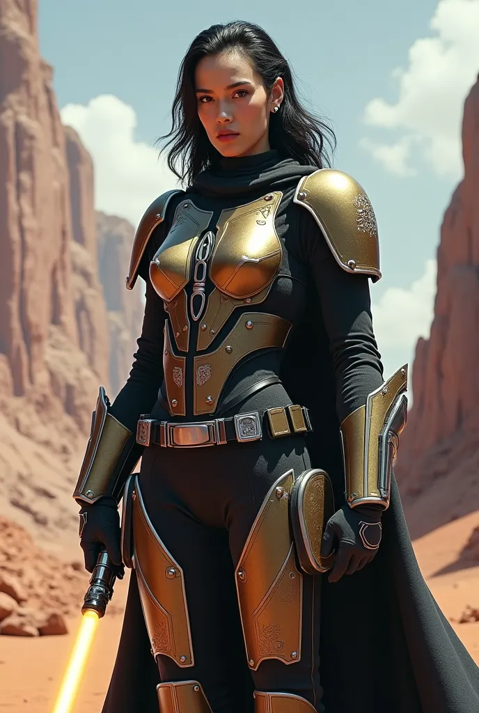 Take a picture of Mandalorian armor for a female person, The armor should contain colored elements such as black, gold and silver, and should be armed with blasters and a lightsaber 