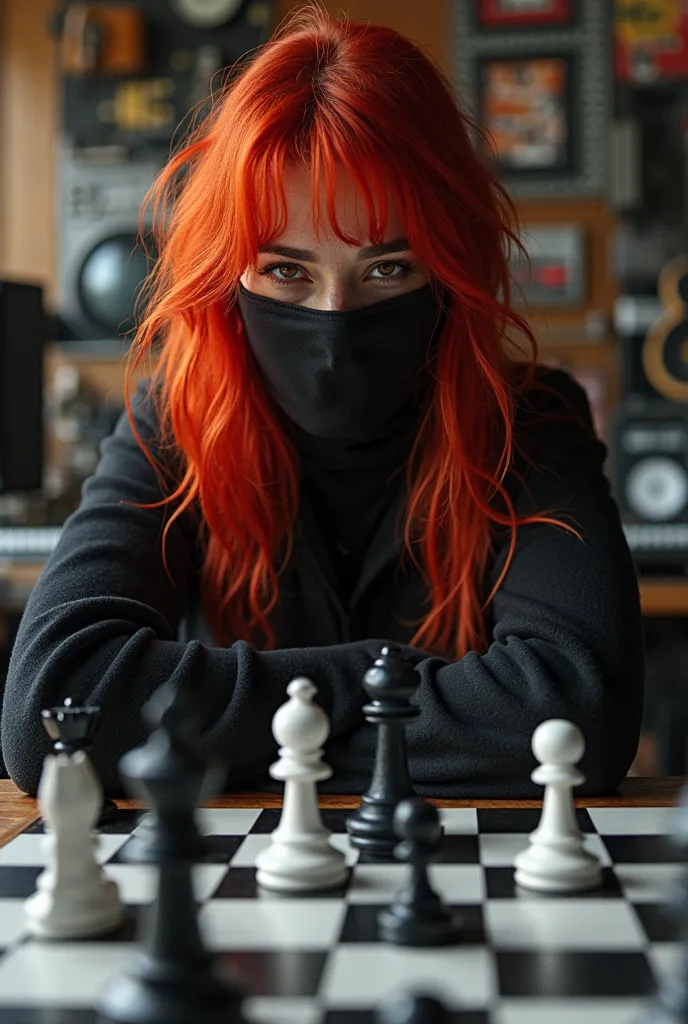 Red-haired female rapper with skymask,
Who plays chess in the recording studio
And just made a move.
with black and white figures.