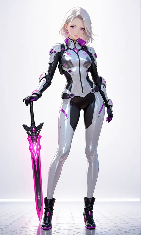 ((Best Quality)), ((Masterpiece)), ((Realistic)) slender, cute girl with medium-length white hair and vibrant purple eyes. She wears a tight-fitting, sleek suit with high-tech boots and chestplates. The outfit includes matching vambraces, all in a futurist...