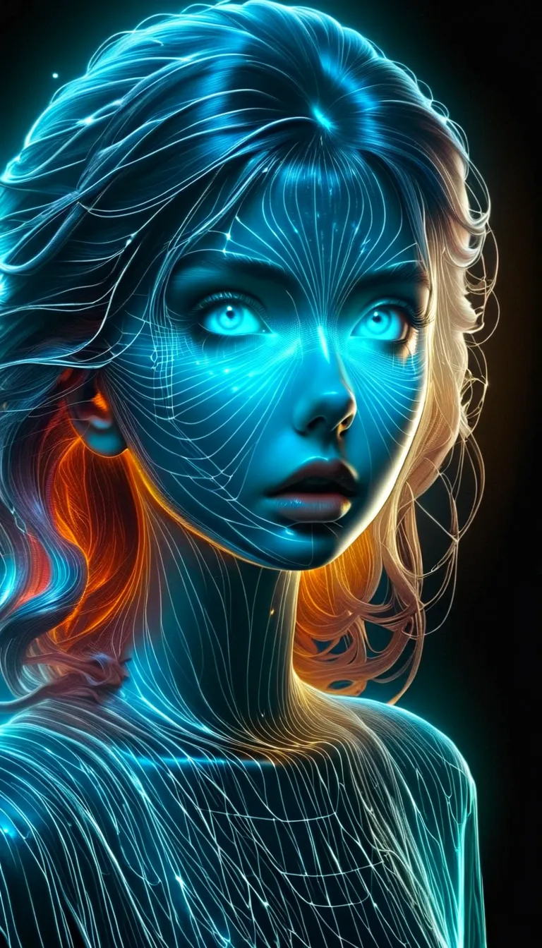 Create a wireframe hologram of a mysterious girl transfer student depicting her writhing red hair and petrified gaze. Glowing blue lines highlight her hair and mysterious expression against a dark background showcasing British school uniforms and scary loo...