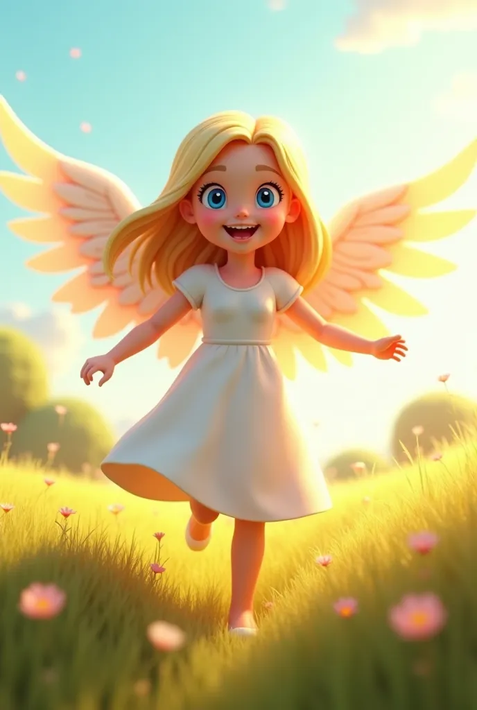 best quality,super smooth,16k,unbelievable resolution,extremely detailed,exquisite and dynamic,cute woman,smile,happy,shy,straight blonde,ahoge,angel wings,blue eyes,full of energy,running around the grassland,explosive visual effects.3d,full body.dress