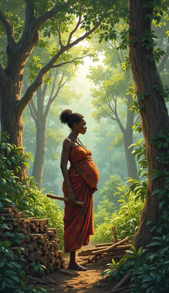 A young pregnant African woman, was getting ready to go home after collecting wood in a forest