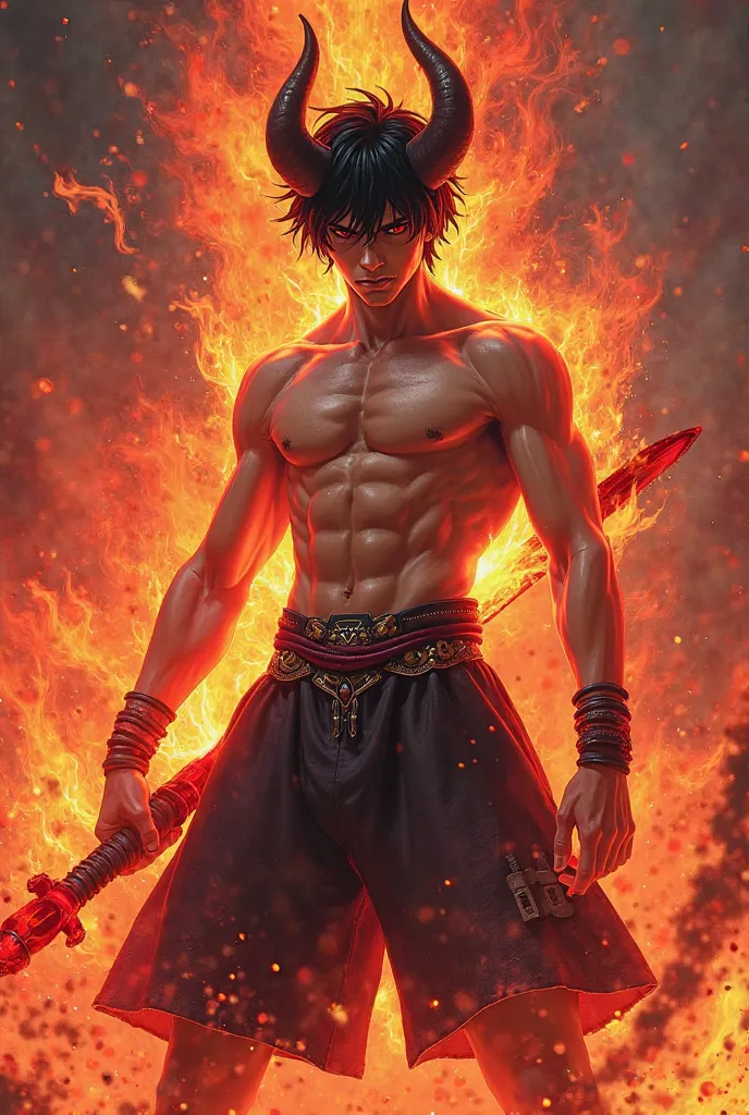 Man with a red flame sword, shirtless, strong, black shorts, black waistband, with horns, Black hair, Young, anime, inferno, fire,  red aura