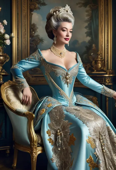 **"A mind blowing awe-real and fancy and sexy photography inspiring, hyper-realistic portrait of the celestial and majestic and beautiful and elegant and ethereal Madame de Pompadour, the formidable chief mistress of King Louis XV. She exudes an aura of su...