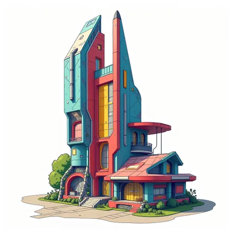 Futuristic building, colorful house, , anime, png, neutral background, design , anime style, design mangá, design colorido 