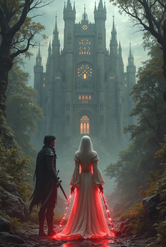 a woman with red eyes, white hair and a white dress stand out against the background of a large royal castle (a goddess)l. the woman has red magic around her hands. A tall elf is next to her.  he has black hair and green eyes . She holds daggers in her han...