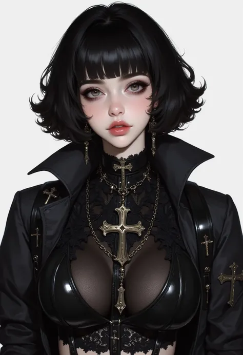 This is a highly detailed, digital illustration of a young woman in a black hair,black eye,red lips, created in a hyper-realistic, photorealistic style. The subject is a white pale-skinned woman with a pale complexion, short, wavy black hair peeking out fr...