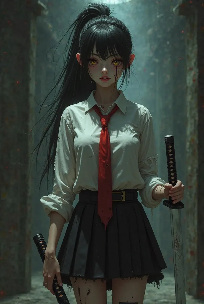 Creepypasta Character
Female
Full body
Dress: white shirt , red tie 1 tear , Black pleated skirt , fetched to thigh , shoes with flat soles
Black hair tied high
Golden-bronze eyes
Holding a katana 
