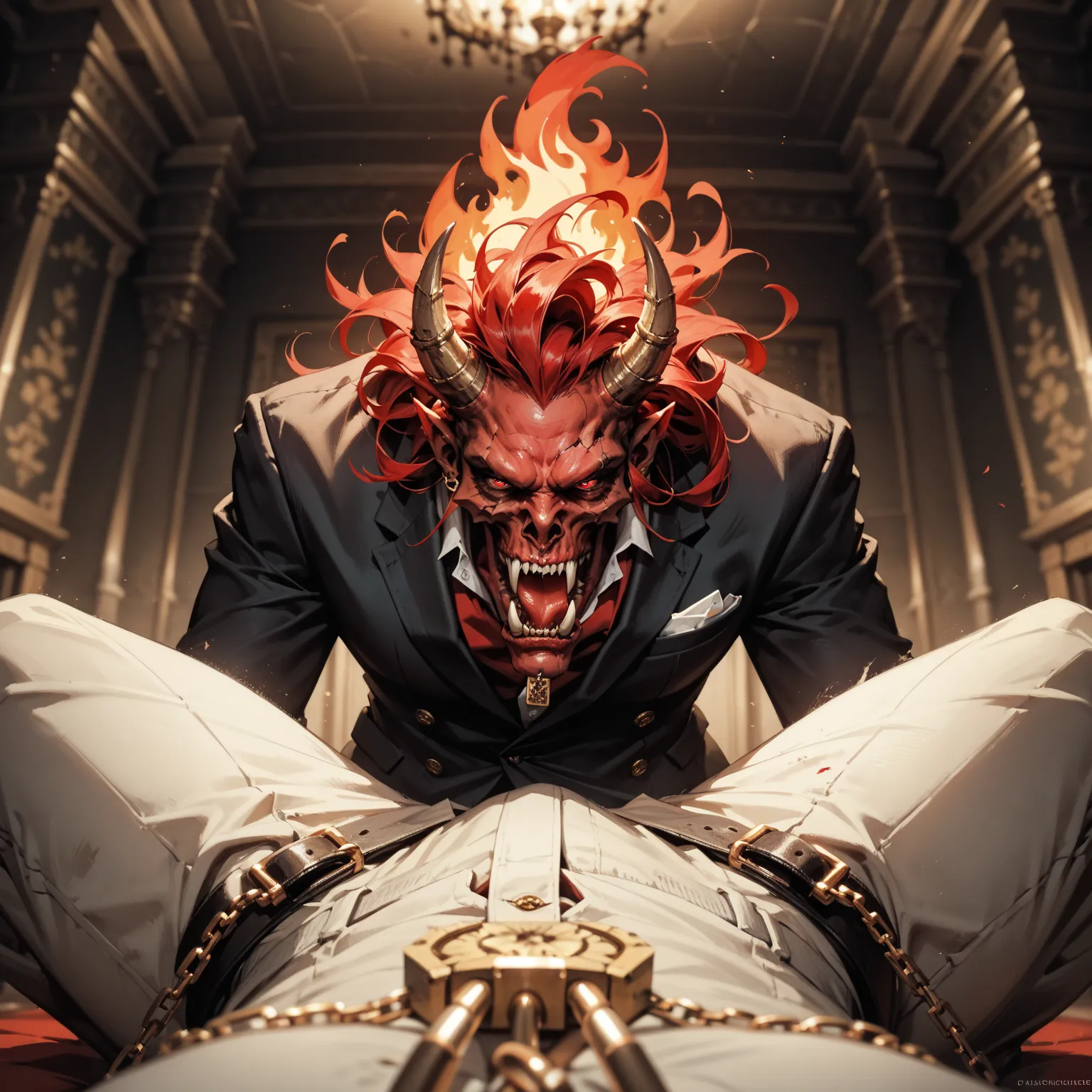 ((Oil painting style, Masterpiece)) feral vampire creature, male, cracked skin, wearing modern tailored suit, red colored eyes, square jaw, crawling over pov, looking down on pov, gold shackles on wrists, inside a labyrinth, fire braziers casting soft ligh...