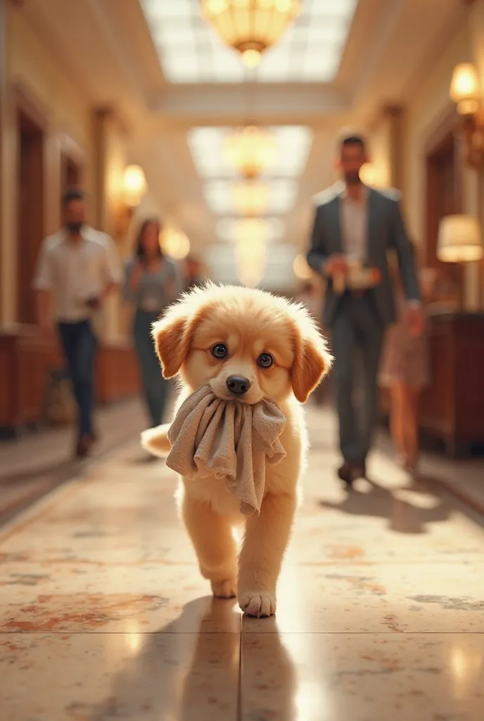 A puppy working in hotel as supplying 