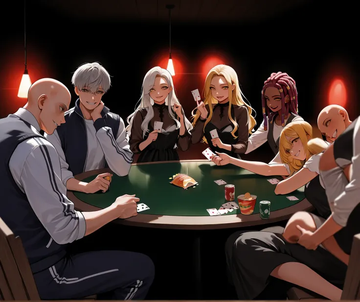 6 people are playing cards at a large wooden table with a green cover. There are cards and chips on the table. In the foreground is a bald man in a white shirt and vest, as well as a girl with red dreadlocks and a crazy smile. In the background is a gray-h...