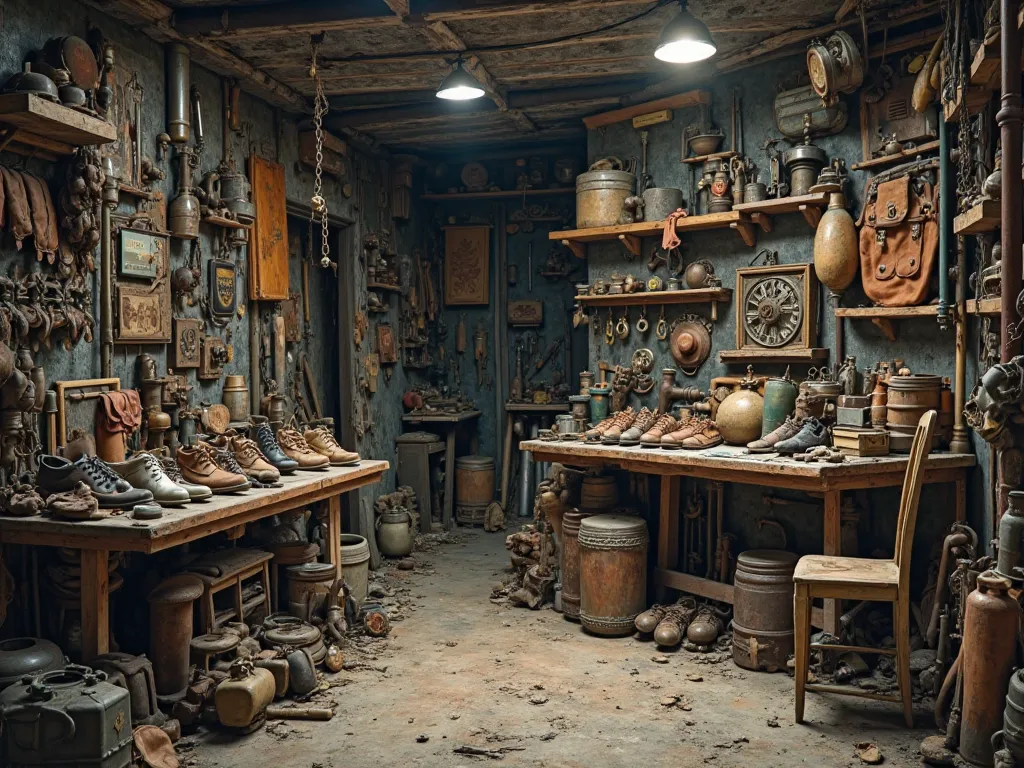 The area is filled with scattered old, used items. Metal objects, repaired shoes, and worn leather pieces can be seen in every corner. In one corner, a small table holds a row of shoes, and next to it, an old chair stands. The items are weathered, some rus...