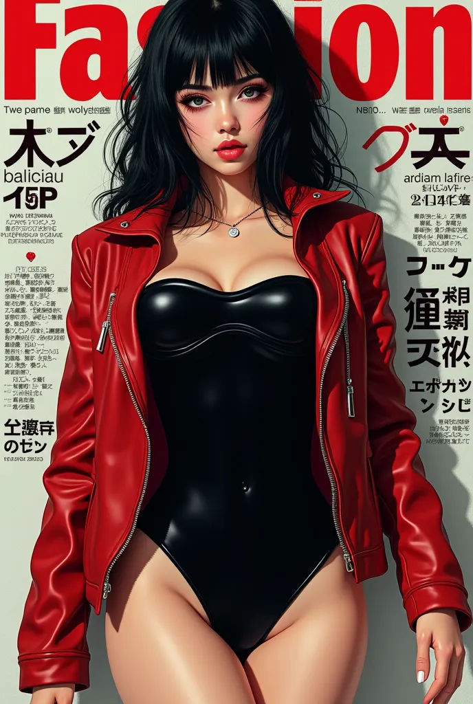 Create the cover of the fashion magazine Misato Katsuragi by Evangelion adolescent real woman hyperrealist Hyperrealism as the protagonist of the cover and with background texts as if it were a real magazine.  outfit.  hyperrealism. live action magazine. h...