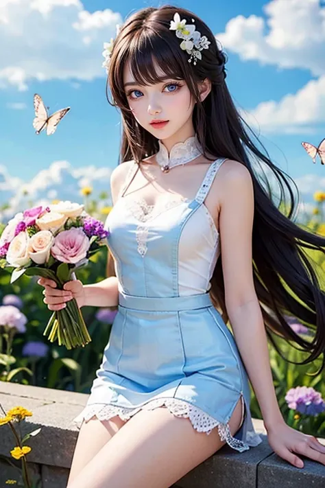 anime、kawaii"An surreal girl is sitting in a vast flower field. She is holding a colorful bouquet of flowers, and in the background there is a blue sky with white clouds. Butterflies are fluttering in the sky, and sparkling light particles are floating in ...