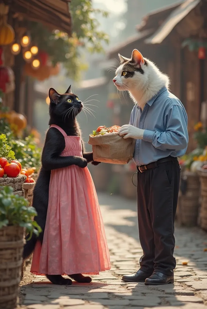 Seeing that the cat in a beautiful pink long dress standing like a man in the market grabs the bag of vegetables from the black cat standing like a man, the handsome white cat in black trousers and a blue shirt slaps the black cat who is trying to grab the...