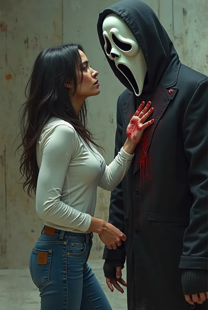 Megan Fox wears a long-sleeved, tight-fitting winter white shirt with blue jeans. She faces the horror film character Scream with weapons and gets shot in the middle of the chest and bleeds