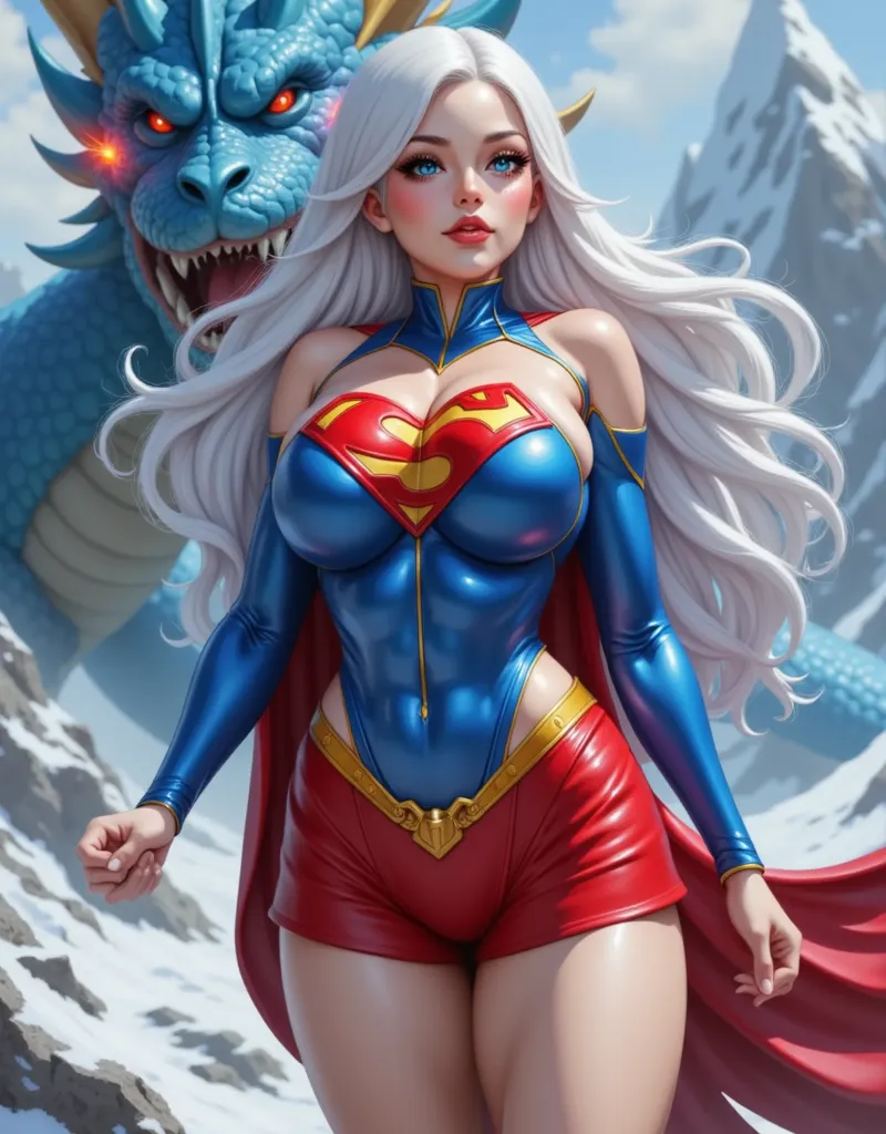 superheroine (Superwoman ), dressed in a blue Superman suit with the letter S on the chest, with a fluttering red cloak, bright red short skirt (stands out clearly, essential element stands out clearly),  yellow metal belt ,  Masterpiece , сверхдетализиров...