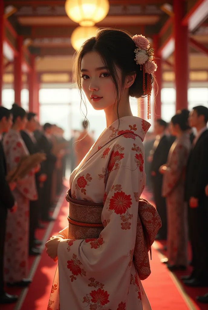 real japanese girl, white skin, full body, long legs, slippers, perfect boobs, wearing a kimono, at wedding, sexy girl, realistic, realism, real japanese girl.