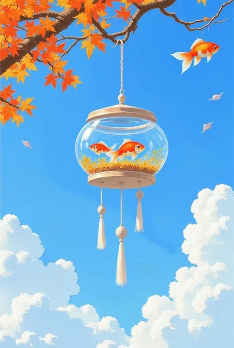 Fish tank wind chimes with tassels hanging from a branch，Goldfish in the air，blue sky and white clouds