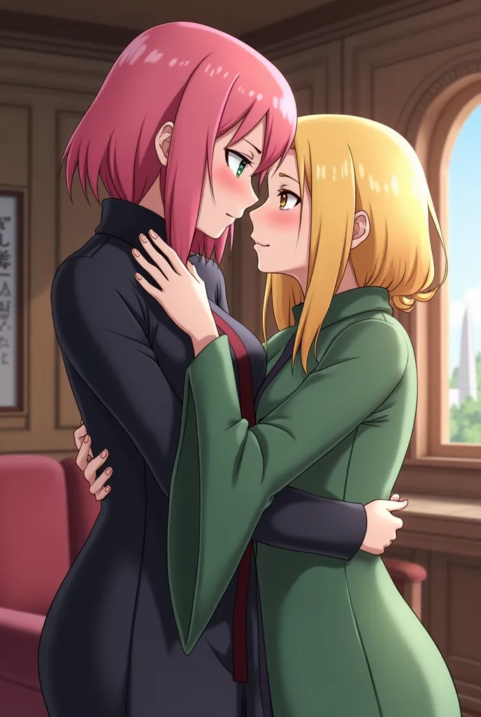 Sakura Haruno and Tsunade Senju kissing in the Hokage's office 