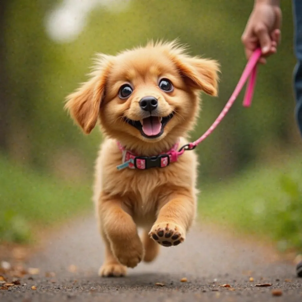 Photo of a happy puppy wearing a collar and leash