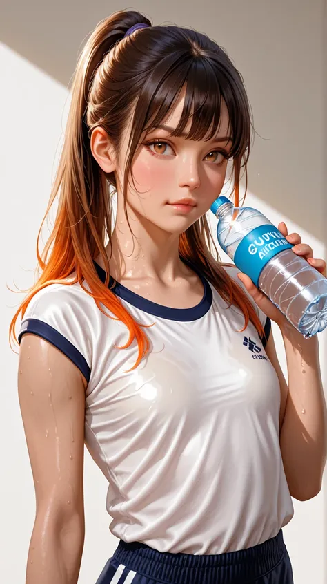 a gym girl, not so athletic because she just started going to the gym for a few months,photorealistic, detailed portrait, gym girl, petite woman, beginner fitness enthusiast, casual gym attire, slightly flushed cheeks, determined expression, holding water ...